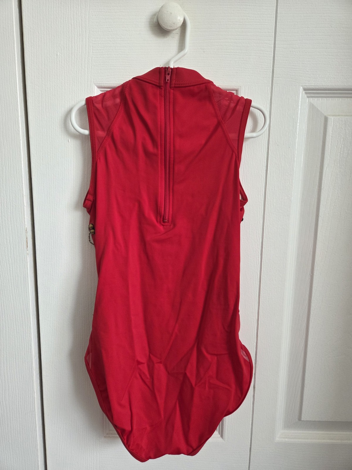 Balera Red Geometric Print Sleeveless Dance Leotard for Girls. With appliques.