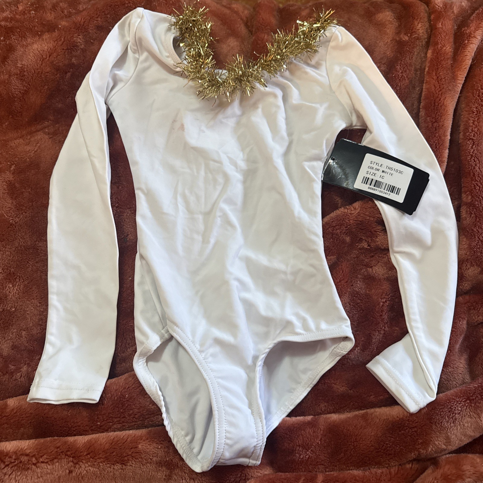 Theatrical Classwear White Leotard Gold Tassels On Neckline Long Sleeve Small