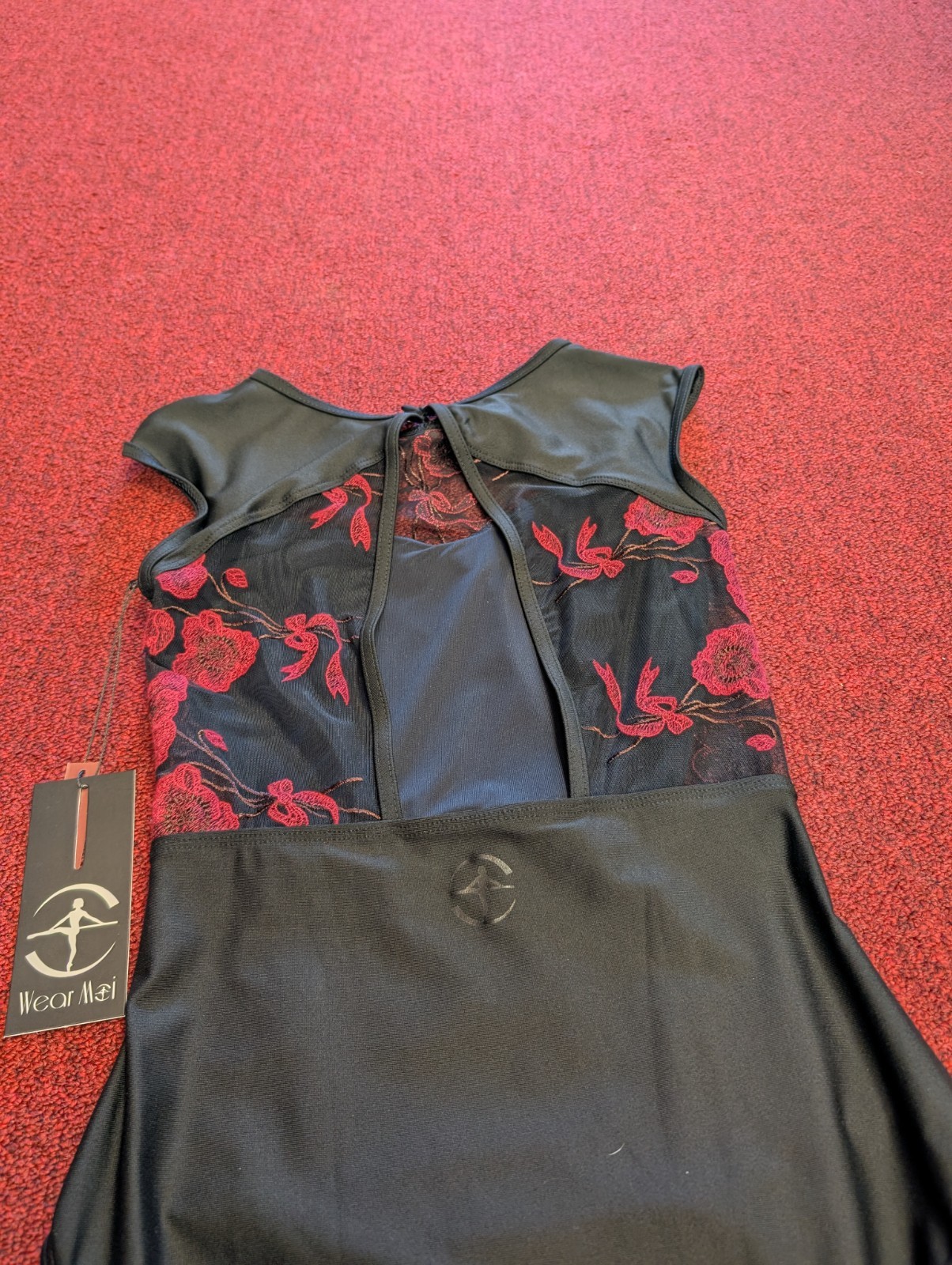 Wear Moi Muscari Black With Red Floral Mesh Lace Cap Sleeve Leotard Ballet
