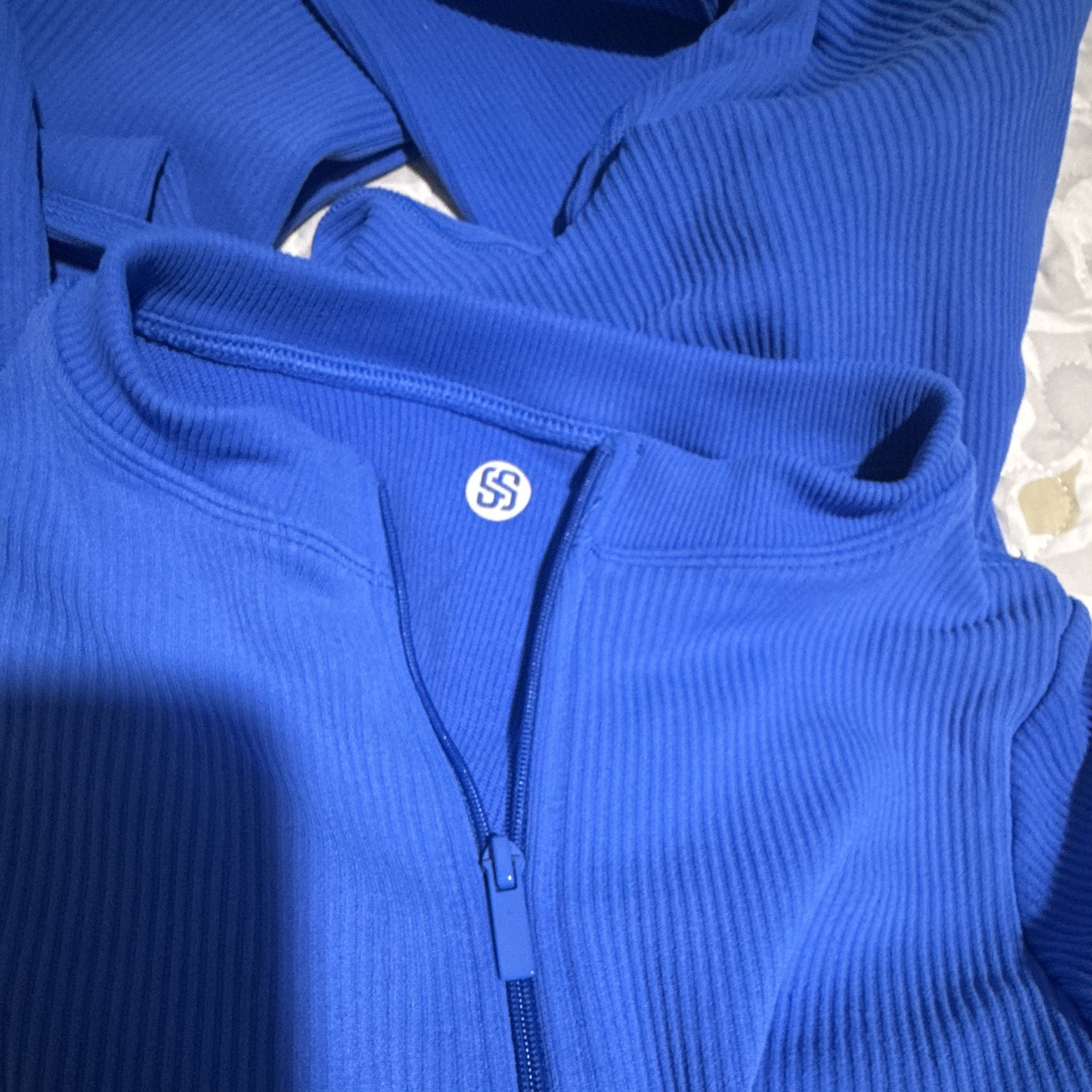Blue Solid Ribbed Knit Spandex Long Sleeve Full Bodysuit Unitard Half Zip