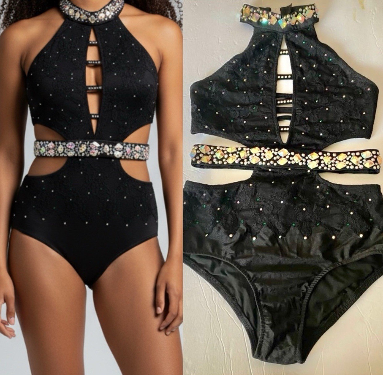 Glamour solo custom dance costume black leotard rhinestone MA-Medium adult