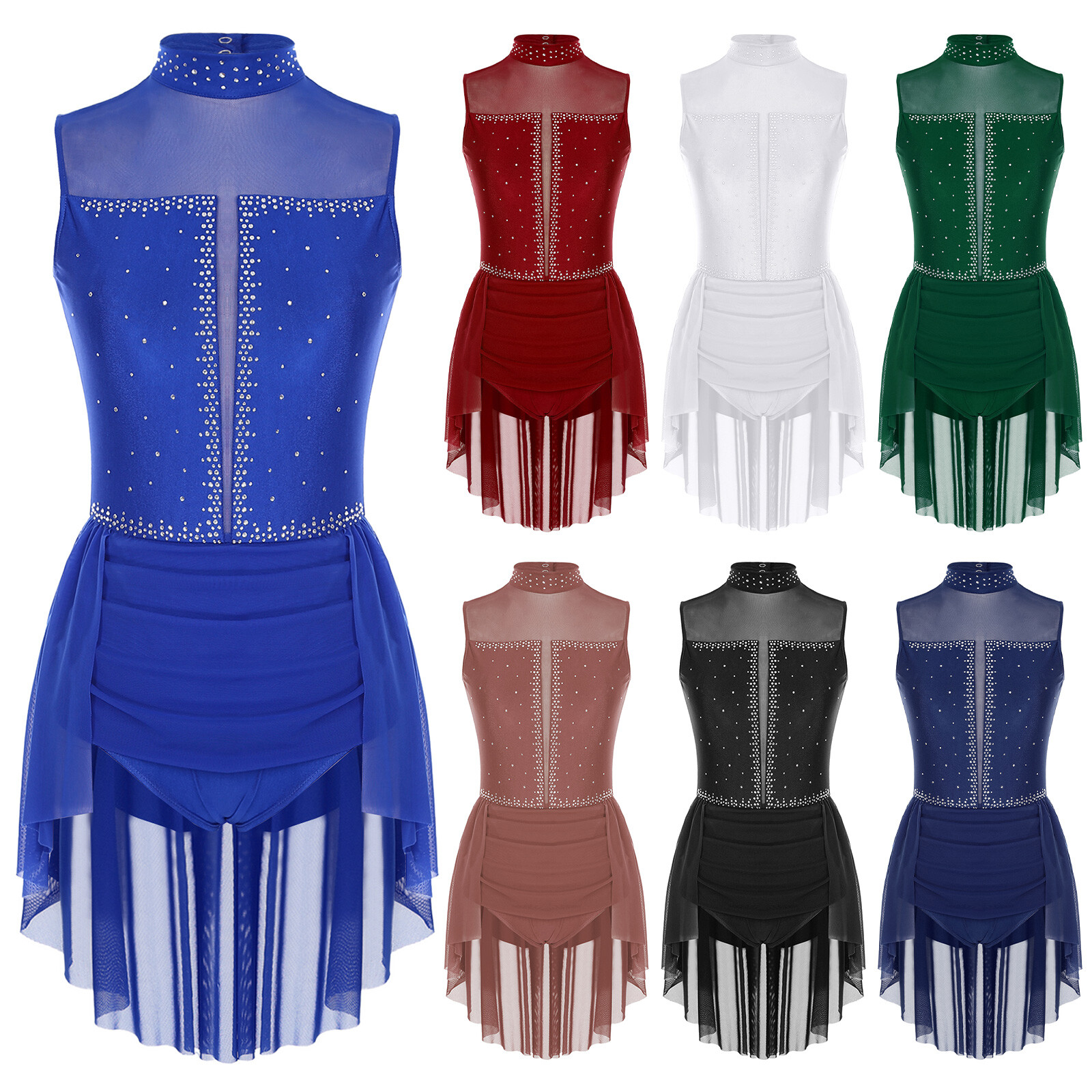 Womens Leotard Athletic Dancewear Sheer Dress Rhinestones Bodysuit Drape Mesh