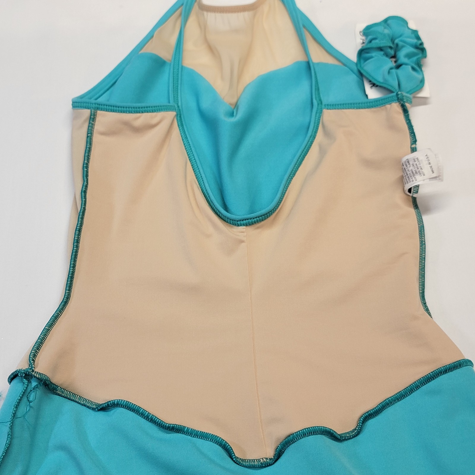 Main Street Dancewear Aqua Skirted Leotard Nude Insert Top Crisscross Back SZ LA