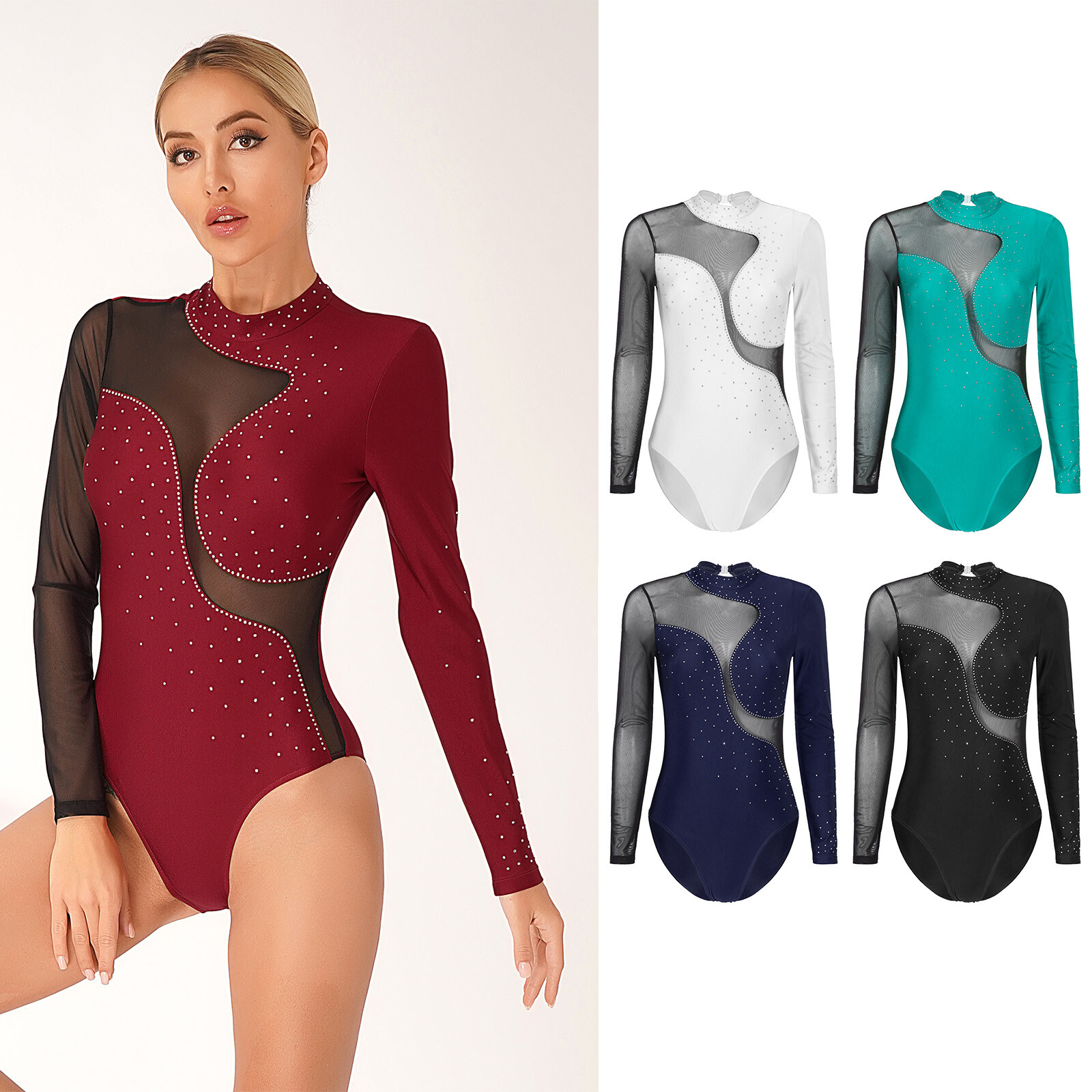 Womens Color Block Long Sleeve Bodysuit Leotard for Gymnastics Figure Skating
