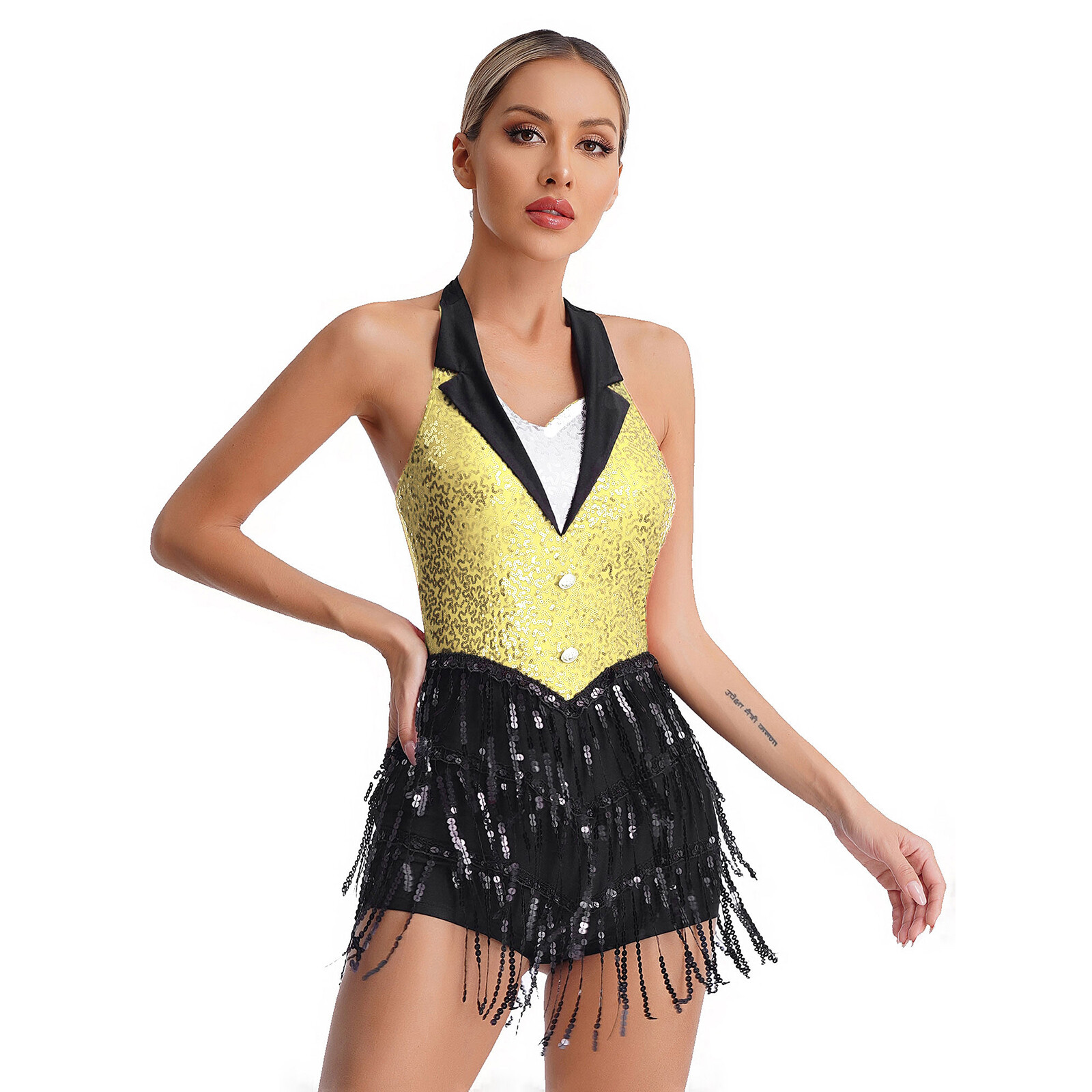 US Women Shiny Sequins Tassel Latin Salsa Samba Rumba Tango Dance Bodysuit Dress
