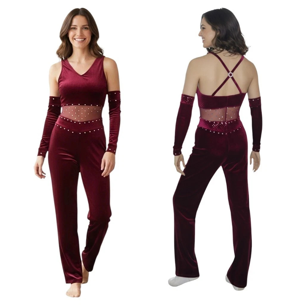 Lot of 3 Proud Mary Adult M Dance Costume Burgundy Rhinestone Jumpsuit and Mitts
