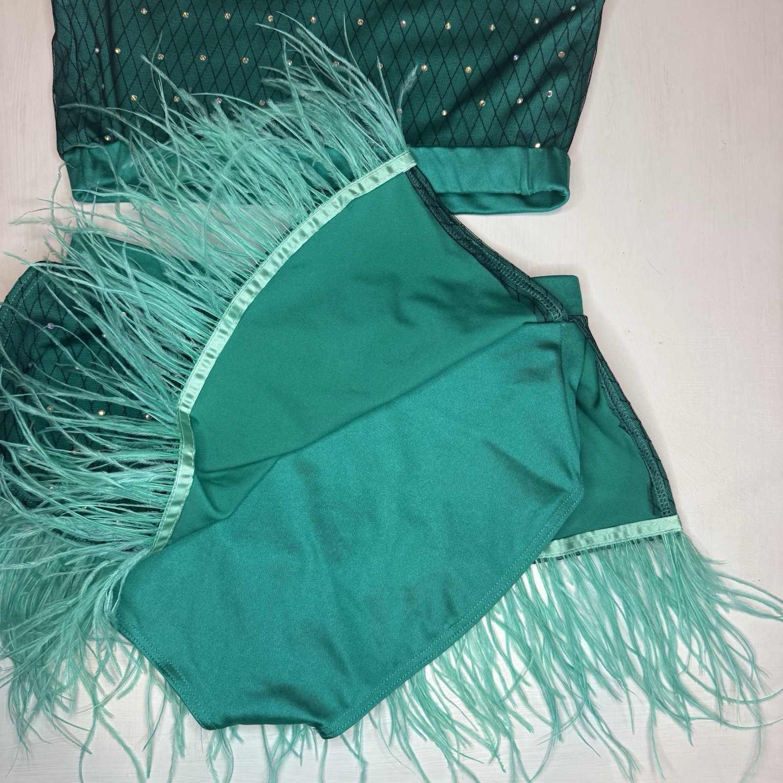 Weissman Elite Dance Costume SA Rhinestones & Ostrich Feathers Teal Bow 2pc Set