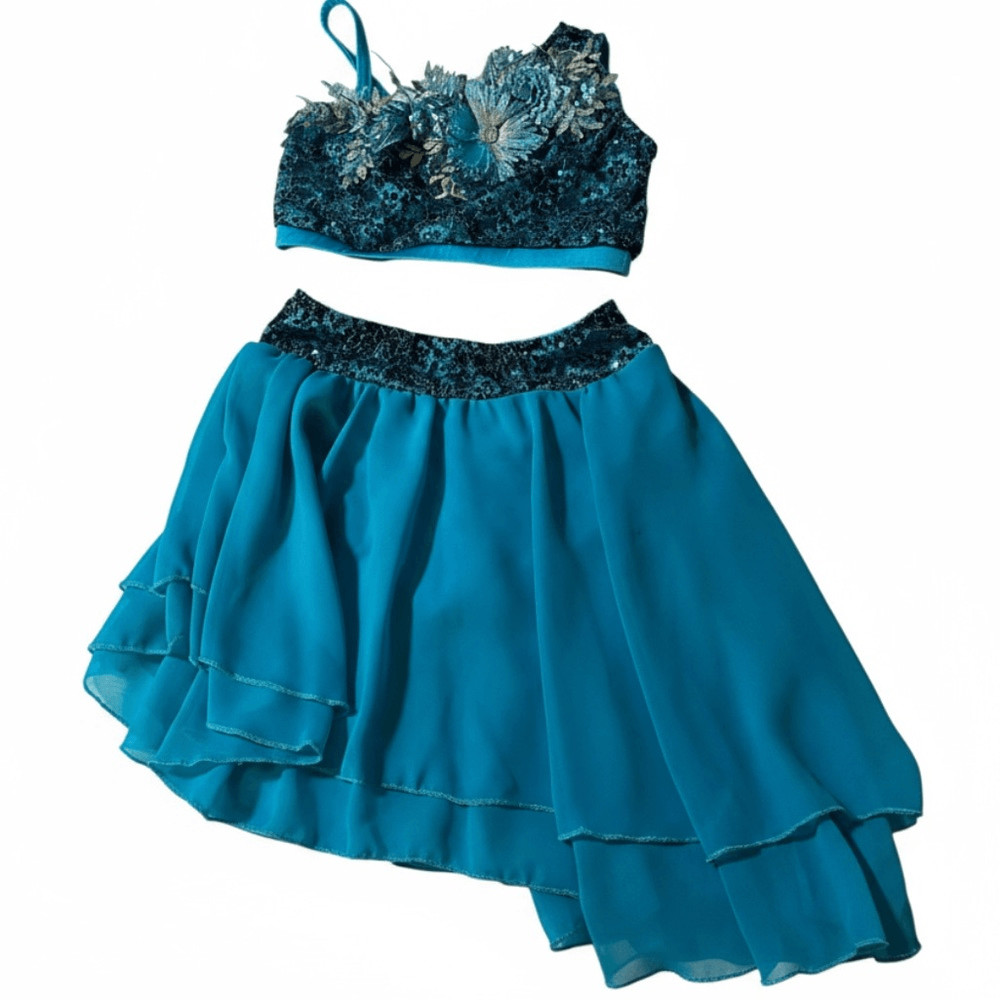 Glamour solo dance costume 2 piece teal blue embellished XLC-Extra large child
