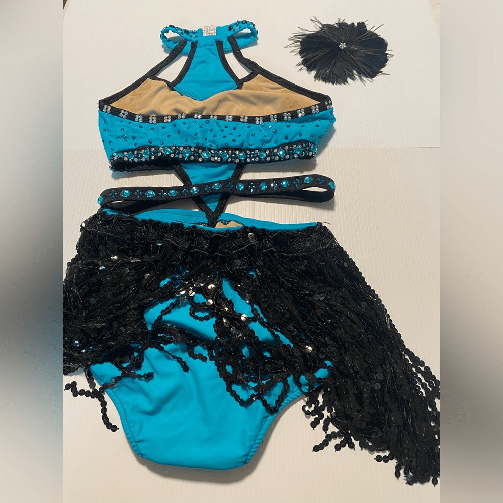 Glamour solo dance costume teal blue rhinestone fringe sassy SA-Small adult