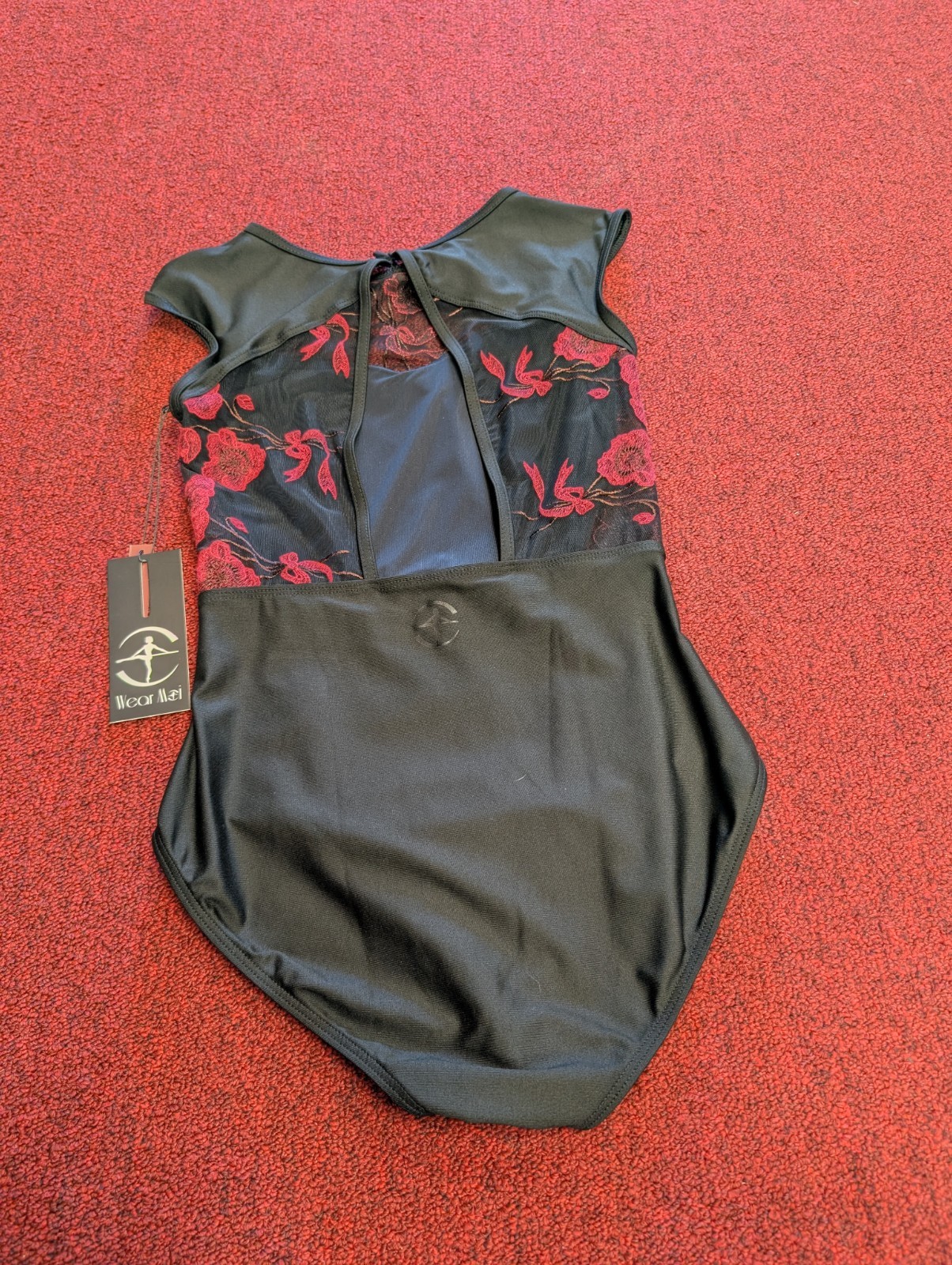 Wear Moi Muscari Black With Red Floral Mesh Lace Cap Sleeve Leotard Ballet