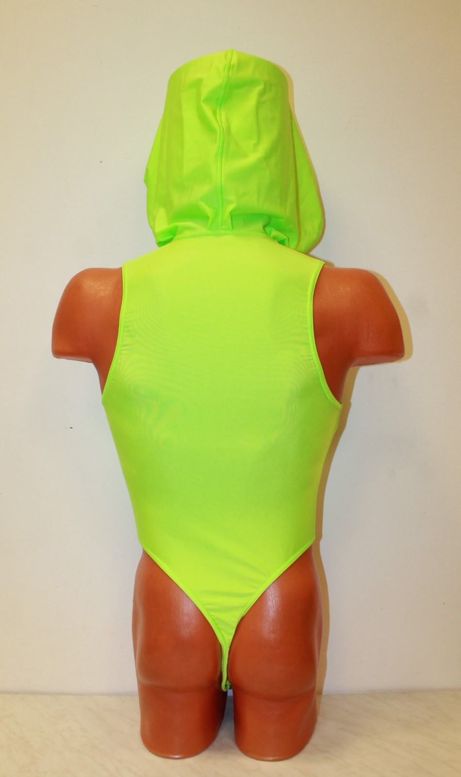 Men Thong Leotard 153-70 Hood Zipper Front Green Spandex and White Mesh Size L