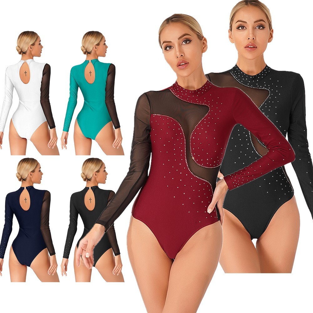 Womens Color Block Long Sleeve Bodysuit Leotard for Gymnastics Figure Skating