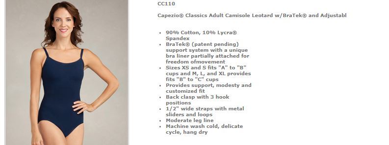 Capezio CC110 Black ladies sizes Cotton spandex camisole leotard w/ Bratek NWT