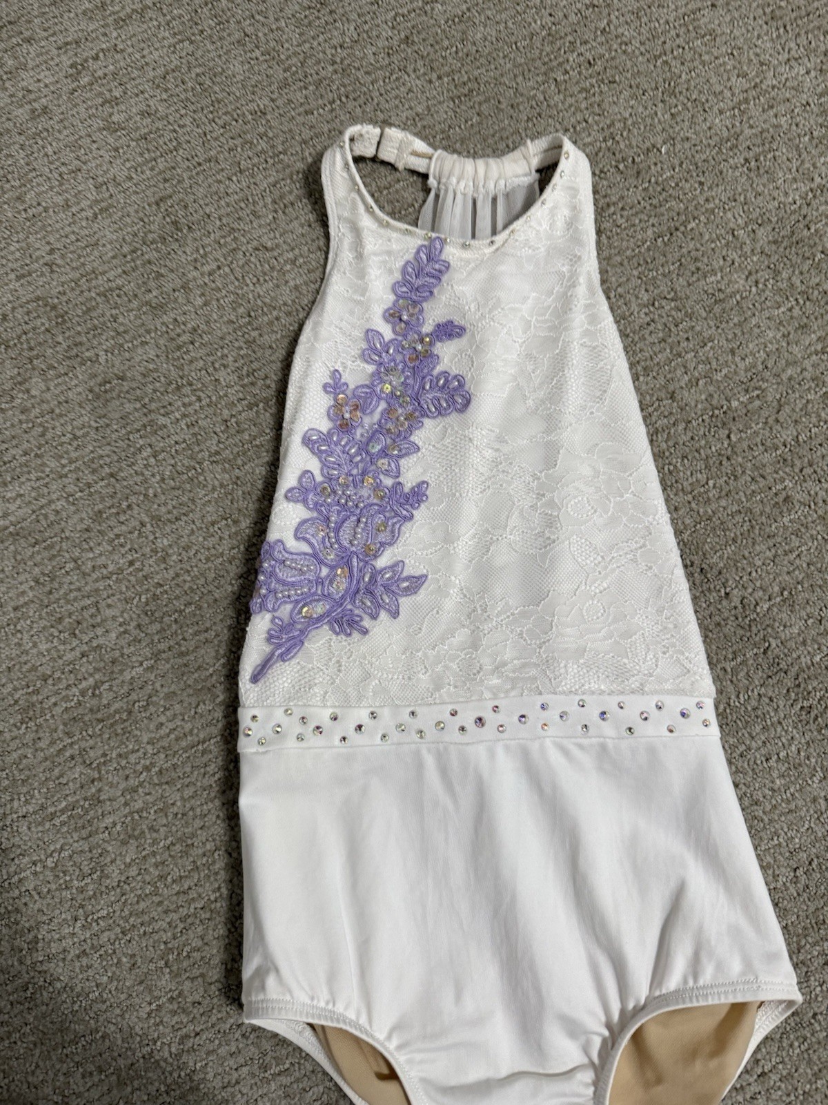 White Dance Leotard Size Small Beautiful Bedazzle Stones Light purple Appliqué