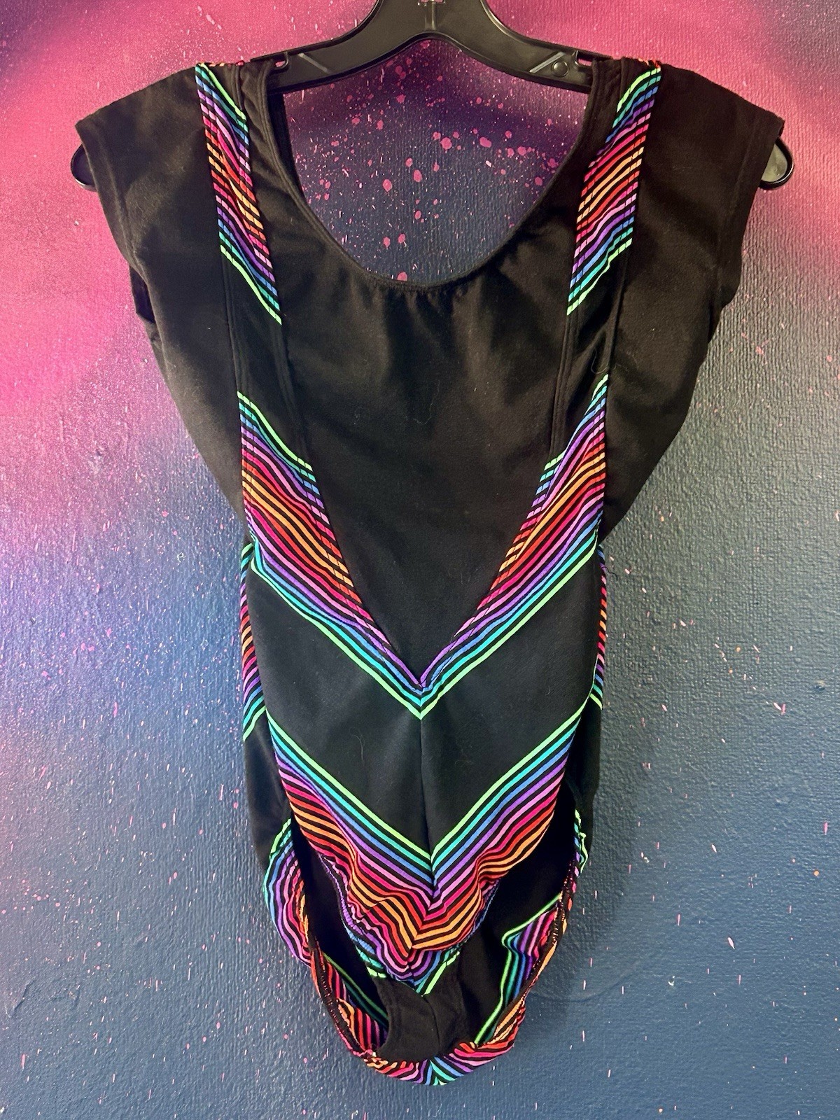 Vintage Rain Beau Rainbow Stripes & Black Leotard Sz M Made In USA 80s