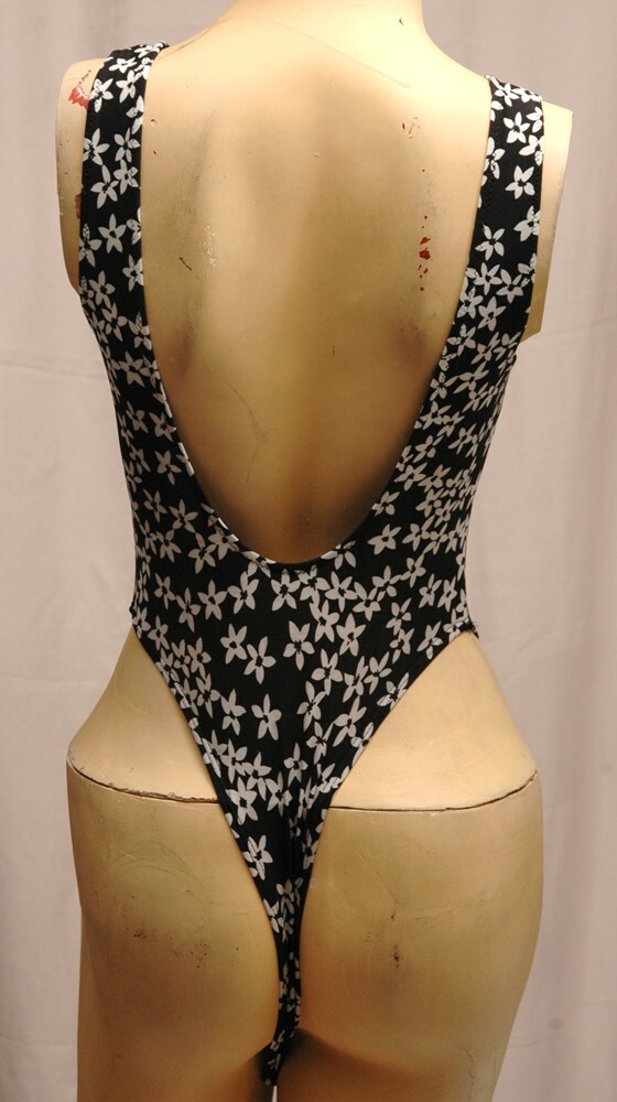 Black with White Flower Spandex Thong Leotard for Women size 10 Small