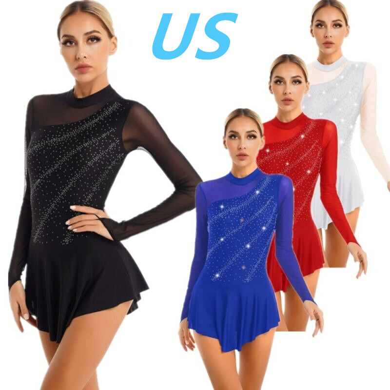 US Women’s Glitter Long Sleeve Dance Leotard Dress Figure Ice Skating Dress