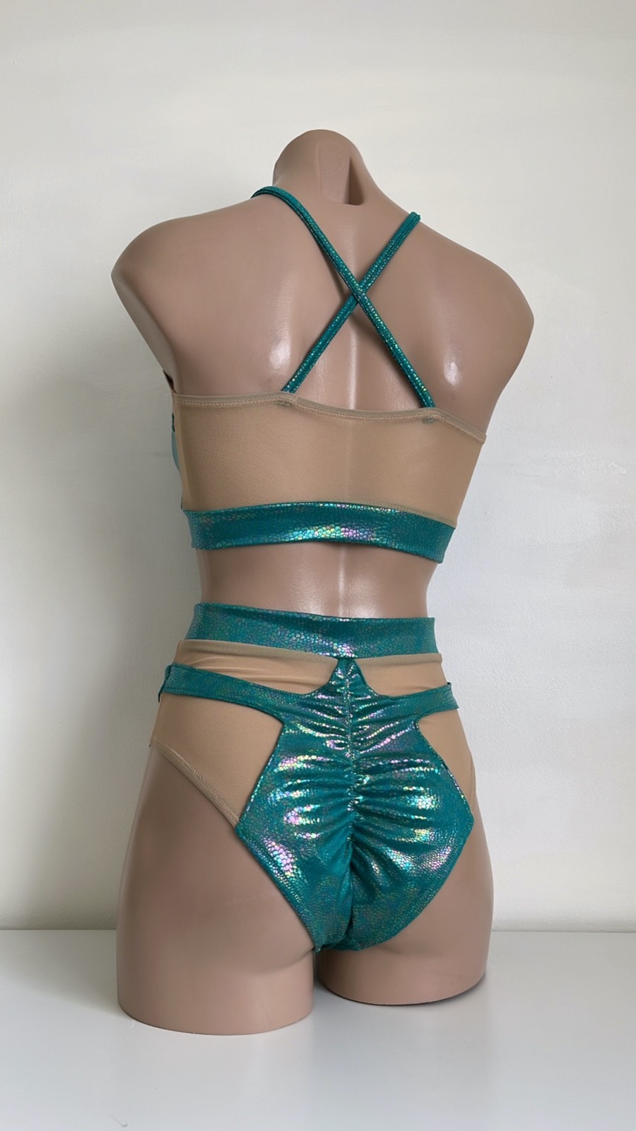 Schminke 🦎 Hybrid dance wear pole-wear nude mesh teal hologram reptile bodysuit