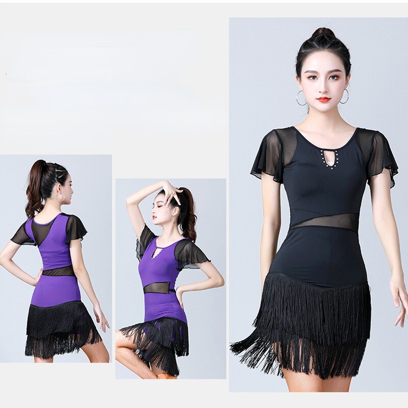 Women Dancewear Latin Dance Dress Mesh Ruffle Tassels Short Sleeve Hollow Out