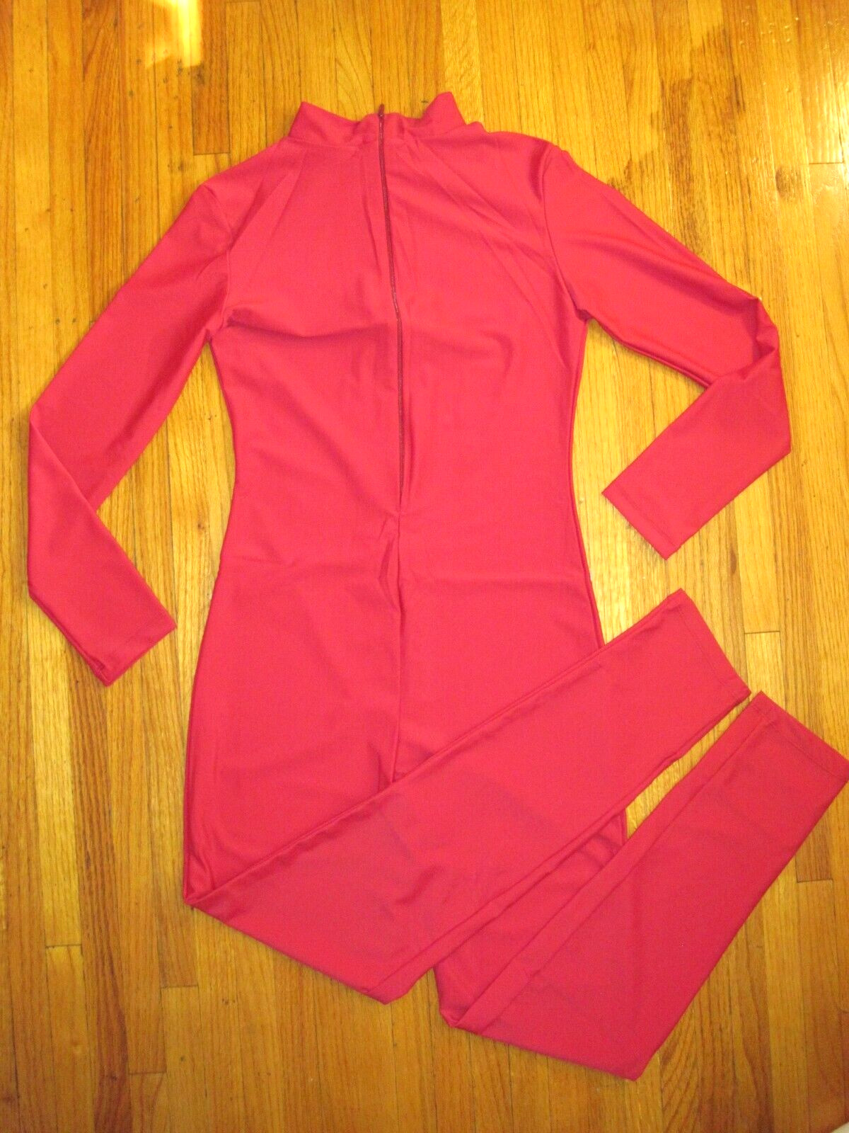 Plus Size Shiny Wine Red Long Sleeve T-Neck Foot Less Unitard Size XL-14-16 New