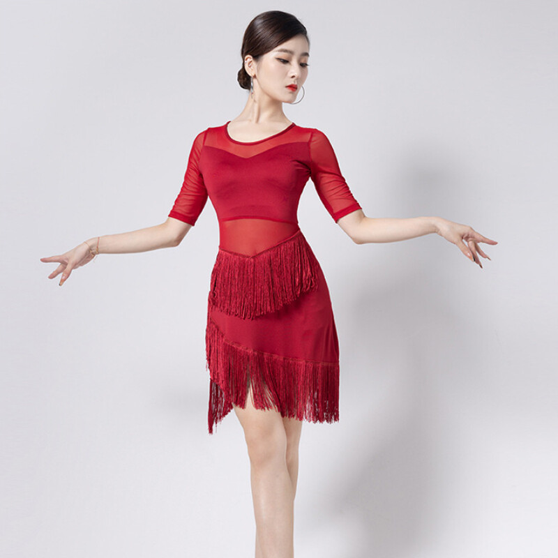 Women Tassel Dancewear Mesh Latin Dance Dress Ballroom Short Sleeve Tango