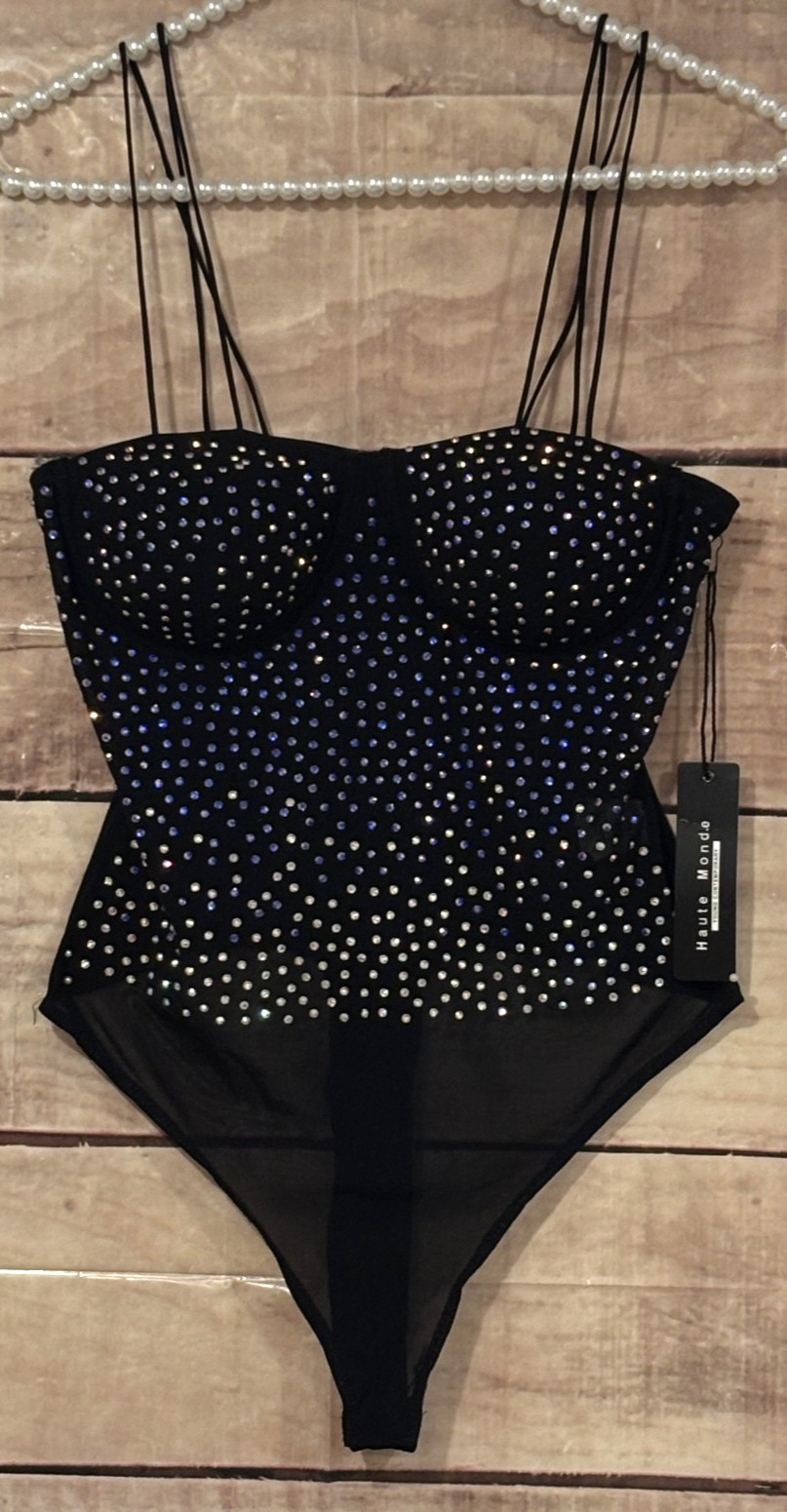 Haute Monde Women M Club Night/Party Leotard Black Rhinestone Molded Wired Cups