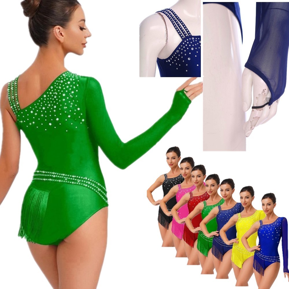 US Women Figure Skating Gymnastics Leotard Rhinestone Tassel Bodysuit Dancewear