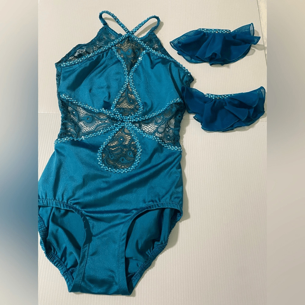 Custom solo Dance Costume teal aqua blue rhinestone Leotard SA-Small adult