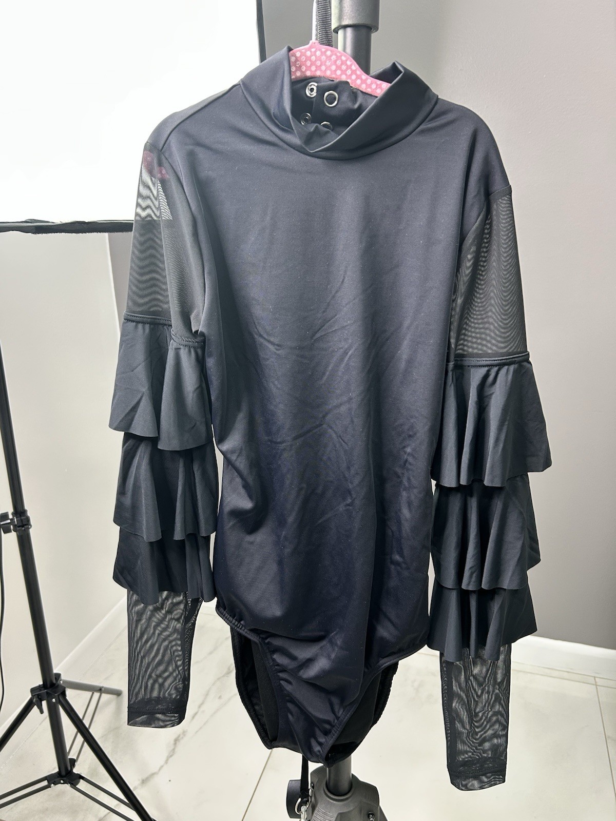 Weissman Black Solid Mesh Ruffle Long Sleeve Women’s Dance Leotard MT11834