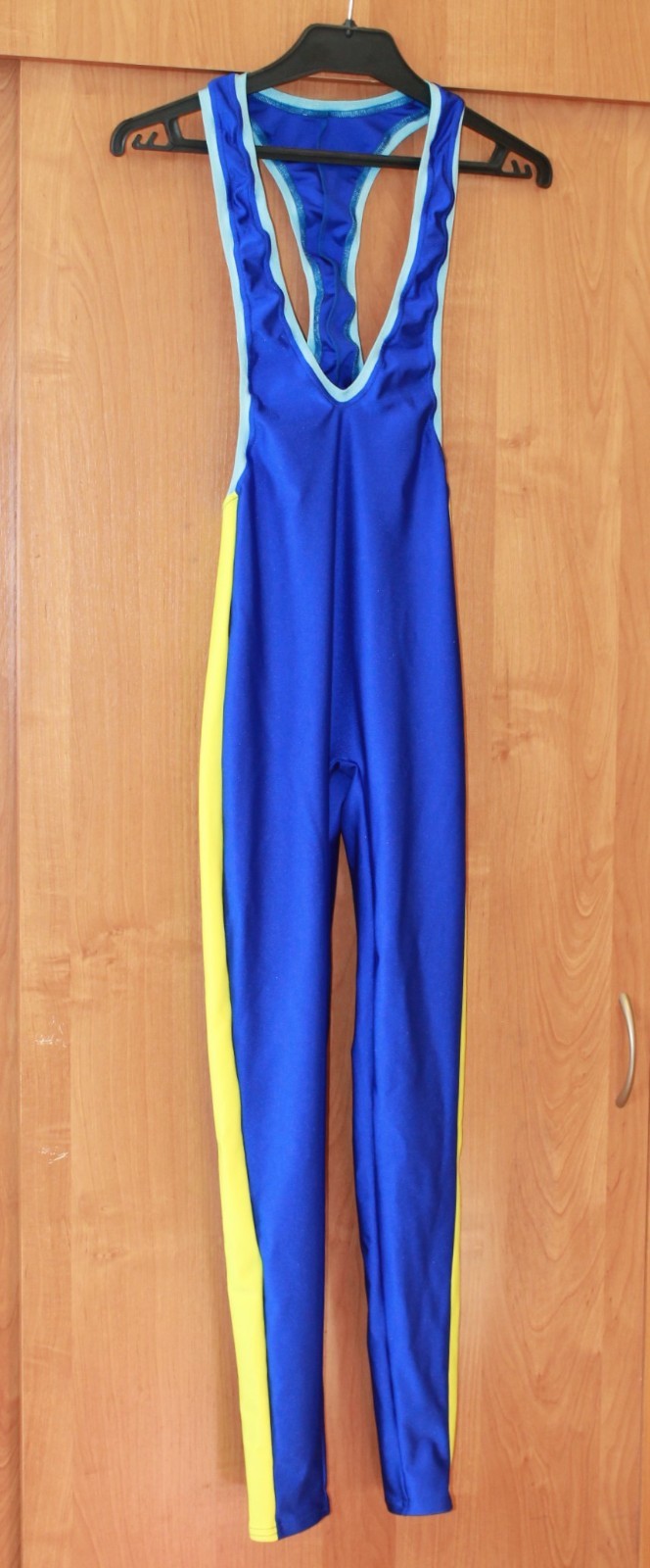 Men Long Unitard 302-18 Yellow Side Insert Blue Spandex Light Blue Edging Size L