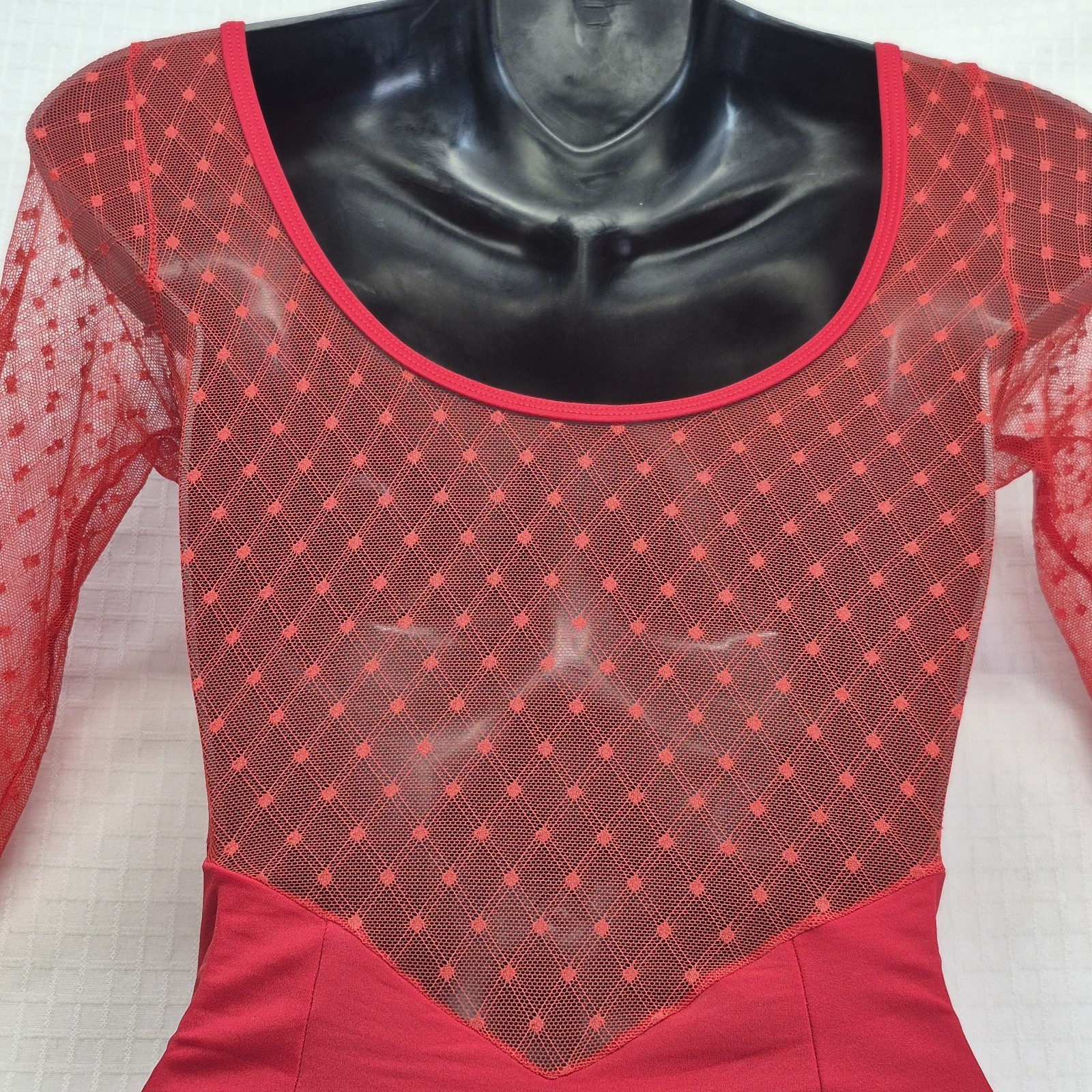 New Womens Medium Tiler Peck Red long-sleeved dance leotard mesh top & sleeves