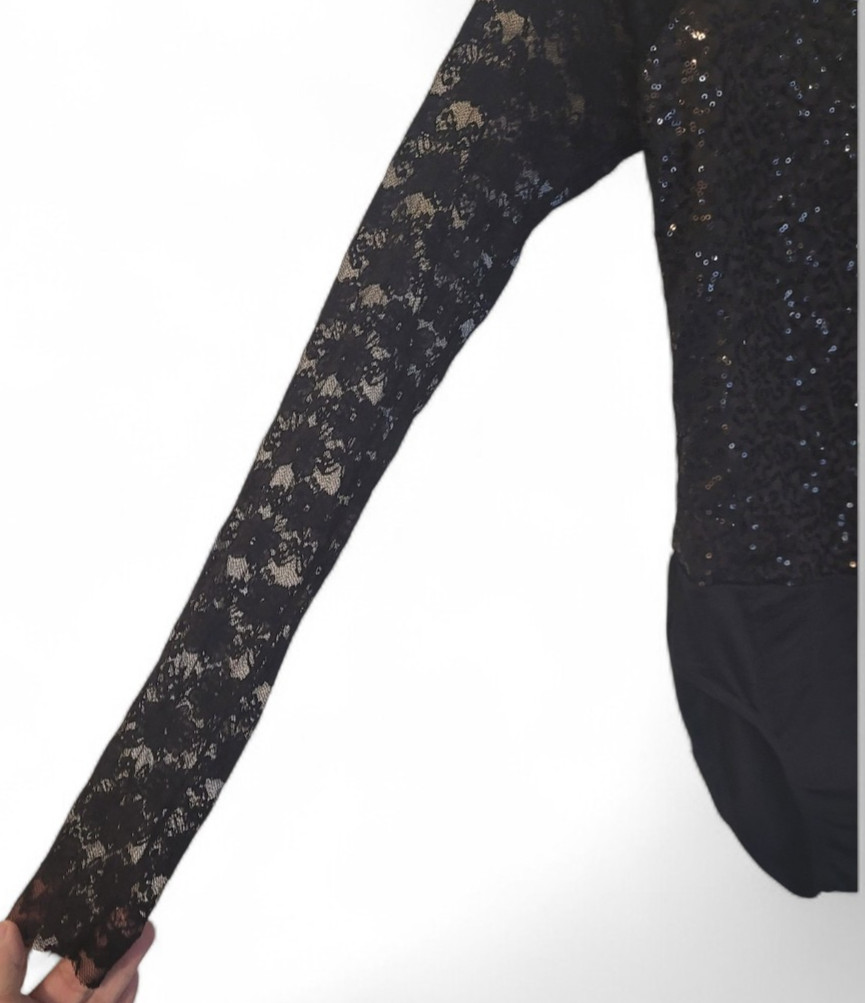 Weissman Black Lace/Sequin Dance Leotard Adult MA Open Back Performance Costume