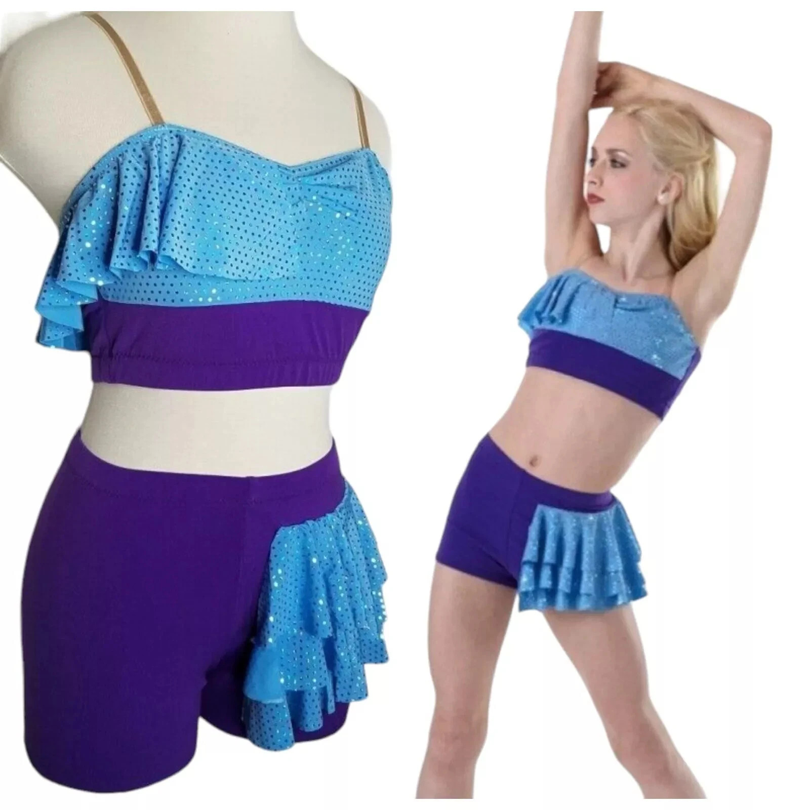 Lot of 17 Amazed Mixed Child & Adult Sz Dance Costume Crop Top & Ruffled Shorts