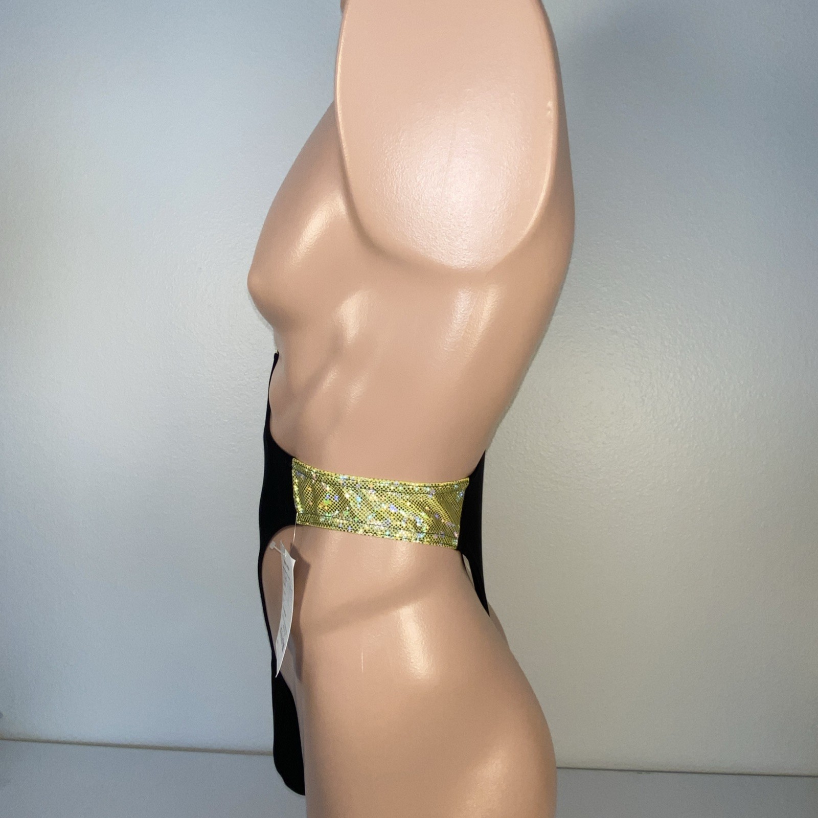 Mens Slingshot Thong Leotard Black Metallic Gold Hologram Microdot Size Medium