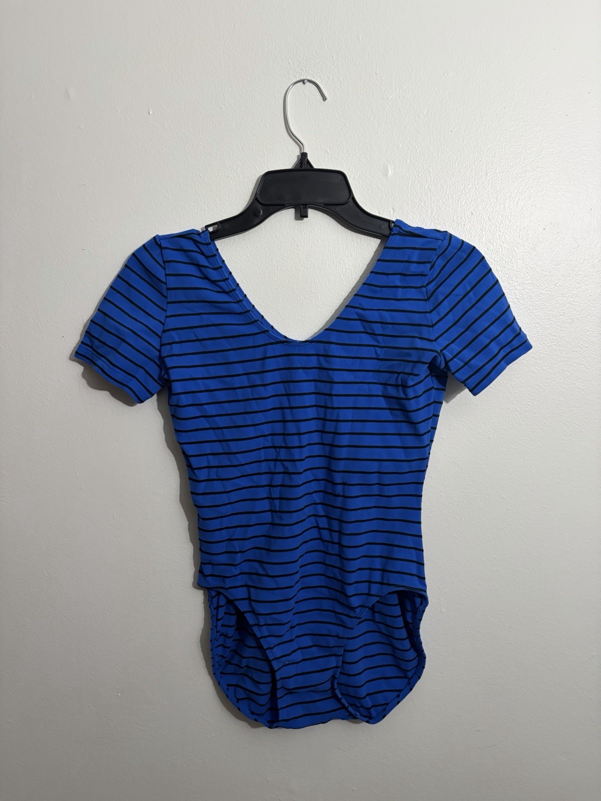 Vintage L’eggs Activewear Blue & Black Striped Bodysuit Leotard – Size Large