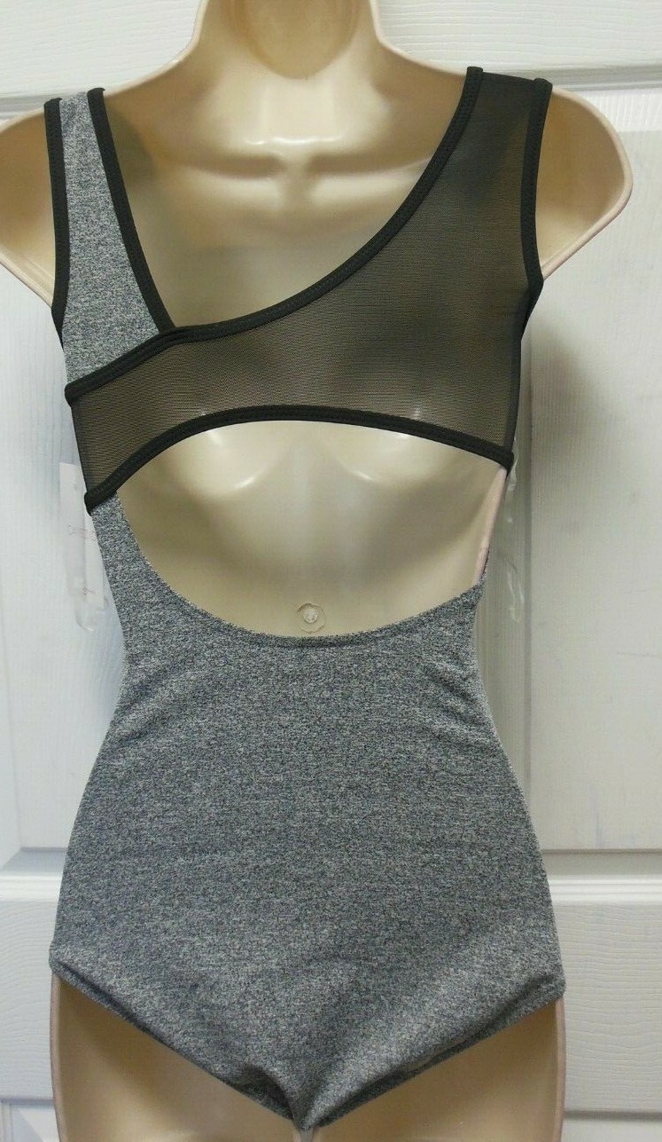 CAPEZIO Asymmetric geometric back StormySkies mesh insert tank leotard Ladies