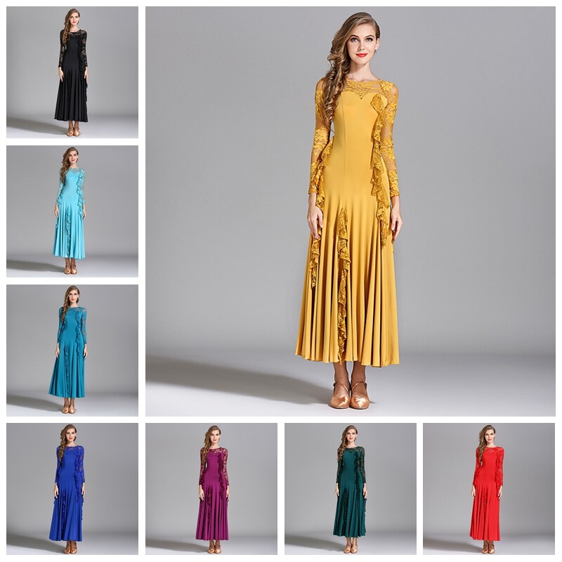 Women Long Sleeve Swing Dance Dress Modern Waltz Professional Ballroom Dancewear
