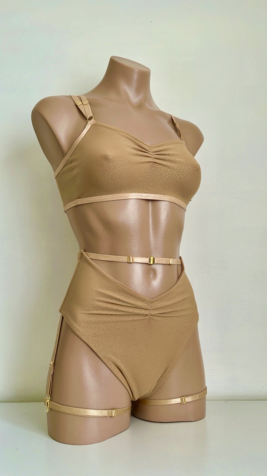 Schminke 👄 pole dance wear sheer nude gold mesh crop top & bottoms high waist