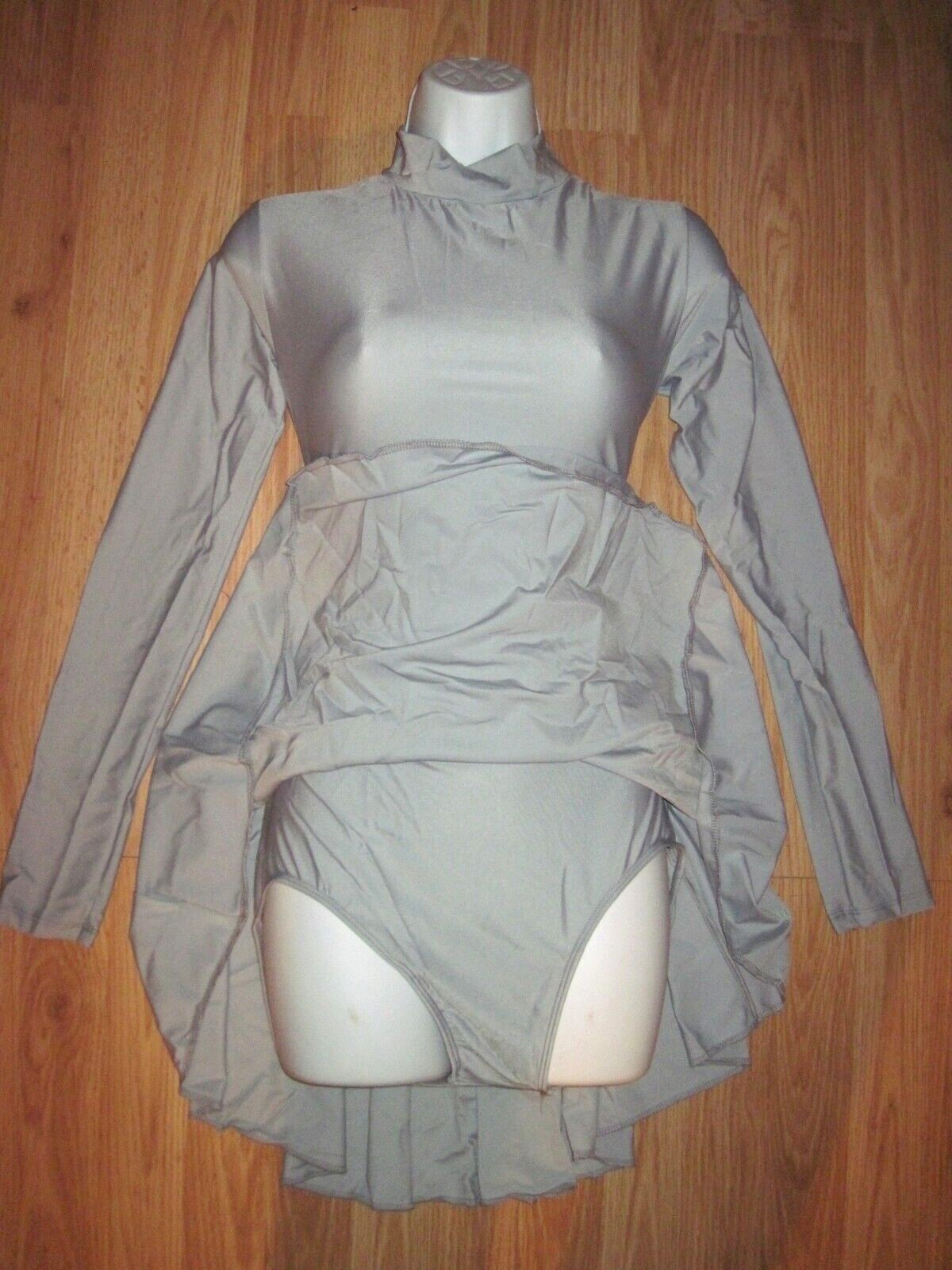 Plus Size Shiny Gray Spandex Leotard Dress Long Sleeve T-Neck Sz 2XL 16-18 New
