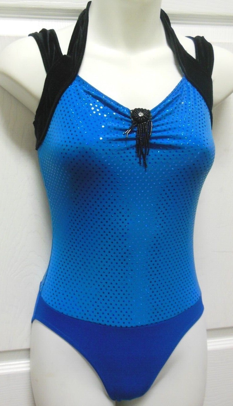 NWOT Royal Foil Sparkle leotard w/ Black Velvet straps pinch front ch/ladies