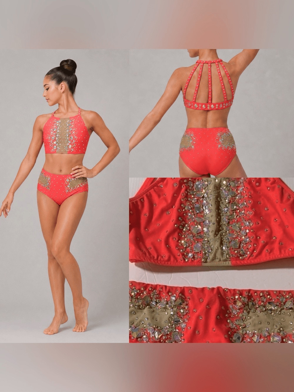 Glamour competition solo dance costume coral 2 piece jazz sassy bling SA adult