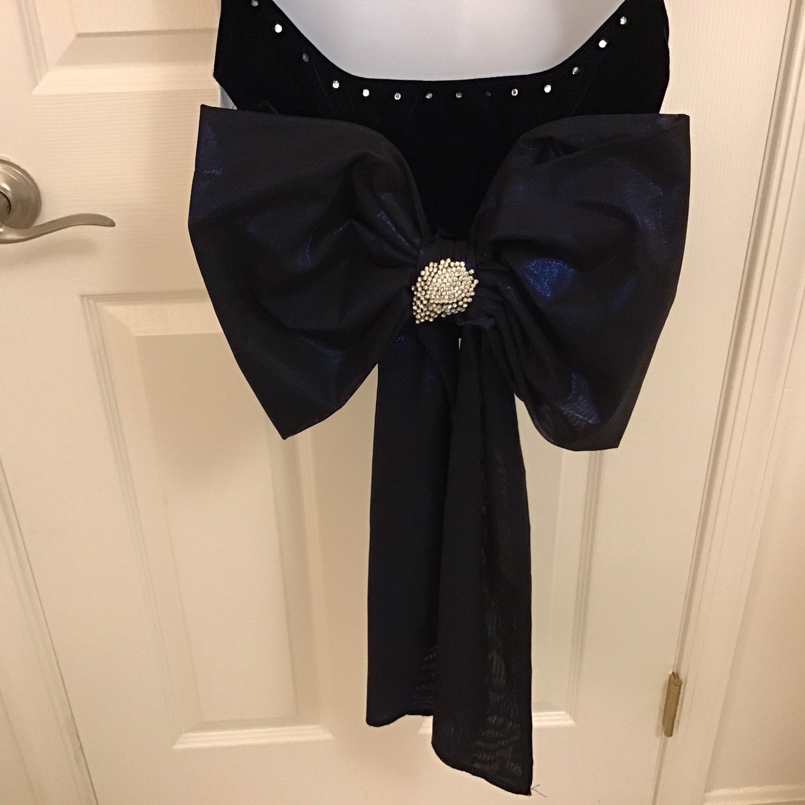 Womens Blue Velvet Shiny Tan Mesh Dance Leotard w/ Back Bow, Gloves, Adult M-L