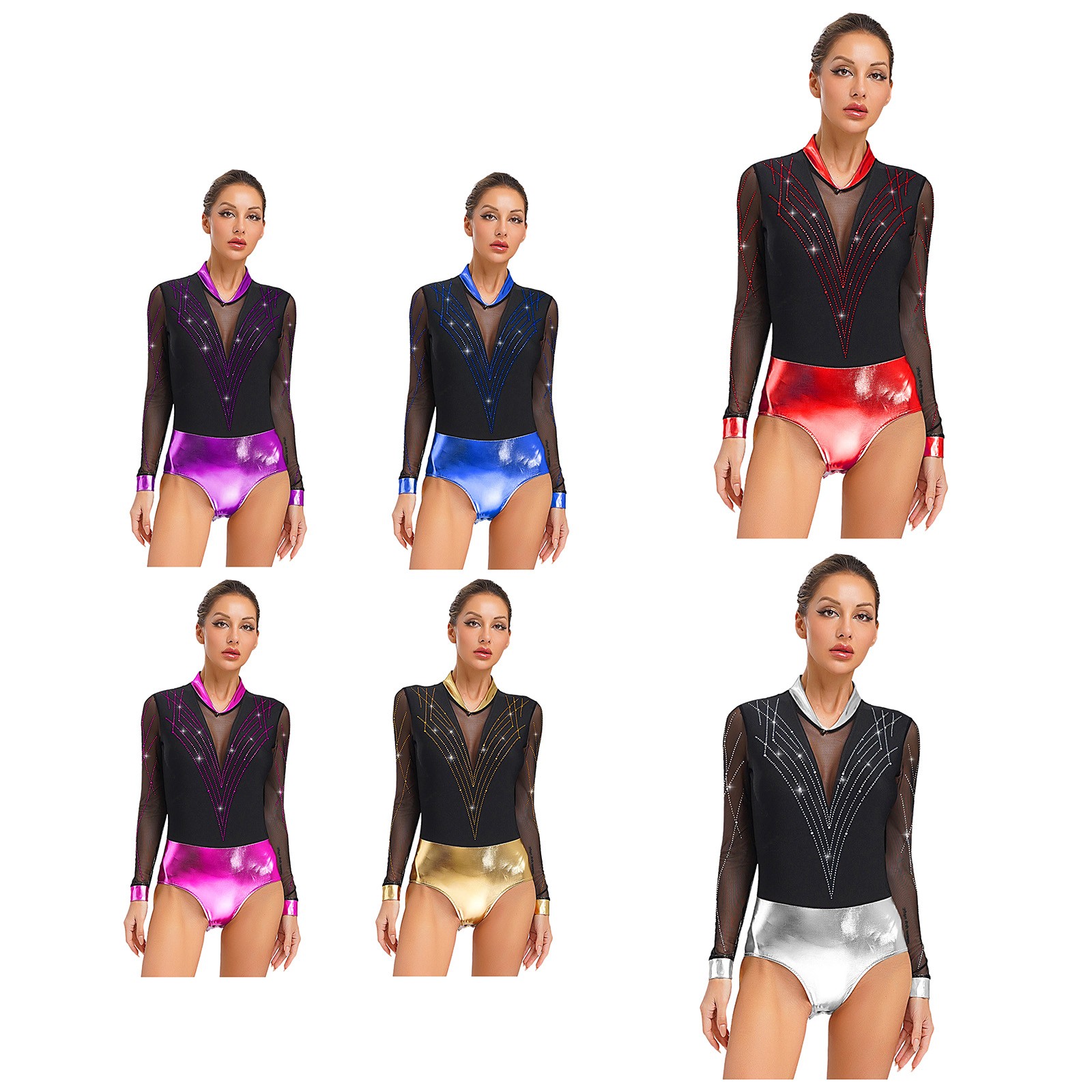 Women Skating Dance Costume Color Block Leotard V-Neck Sheer Mesh Bodysuit