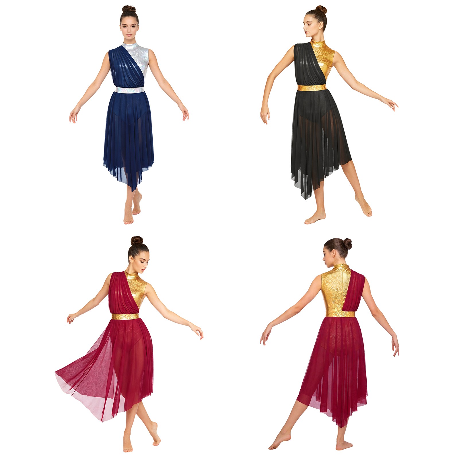 Women Leotard Sleeveless Dancewear Training Bodysuit With Flowy Mesh Hem Dance