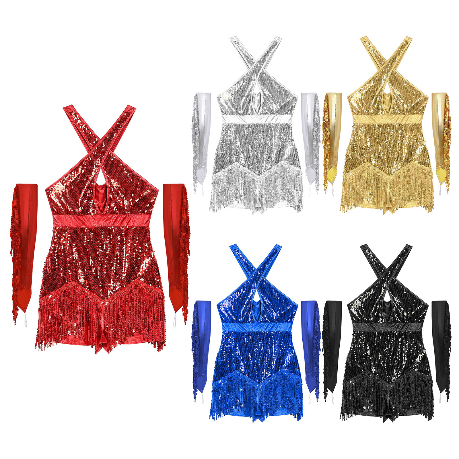 Womens Bodysuit Gloves Outfit Tango Leotard Glittery Cha-Cha Dancewear Latin
