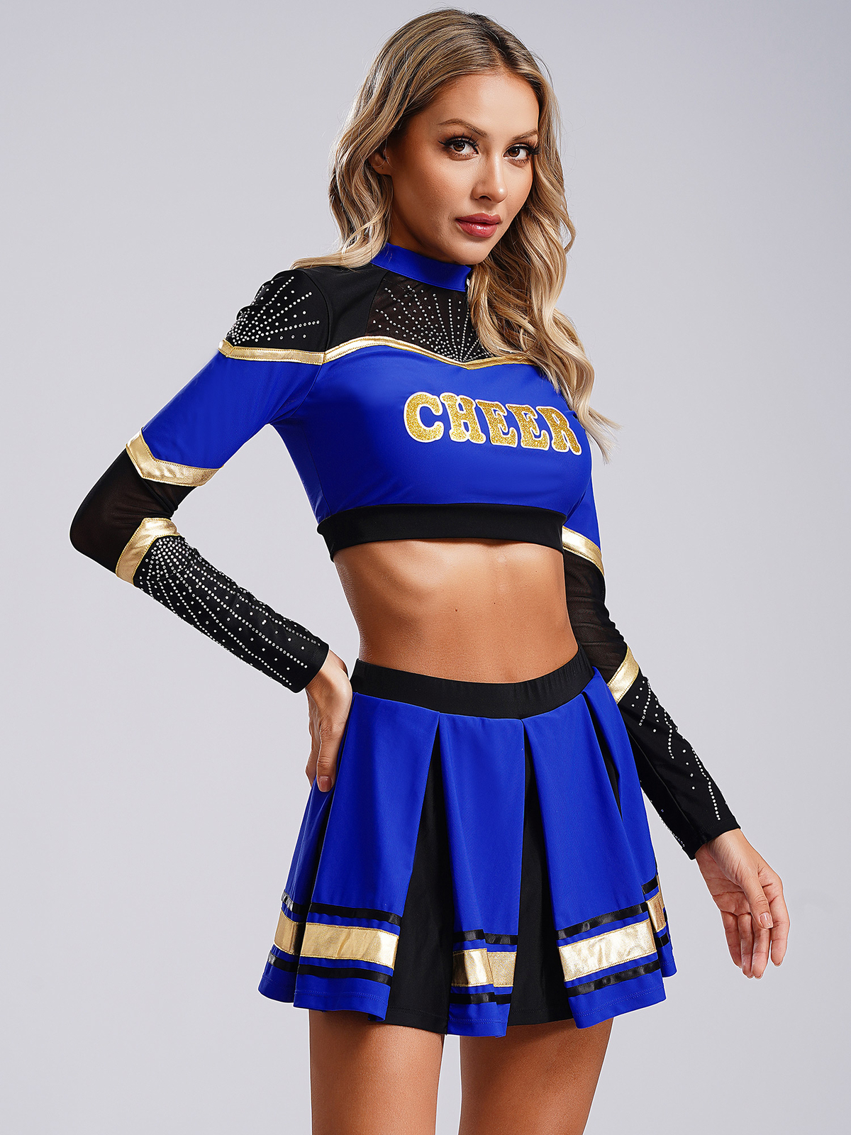 2Pcs Women Cheer Leader Costume Cheerleading Outfit Crop Top with Pleated Skirt