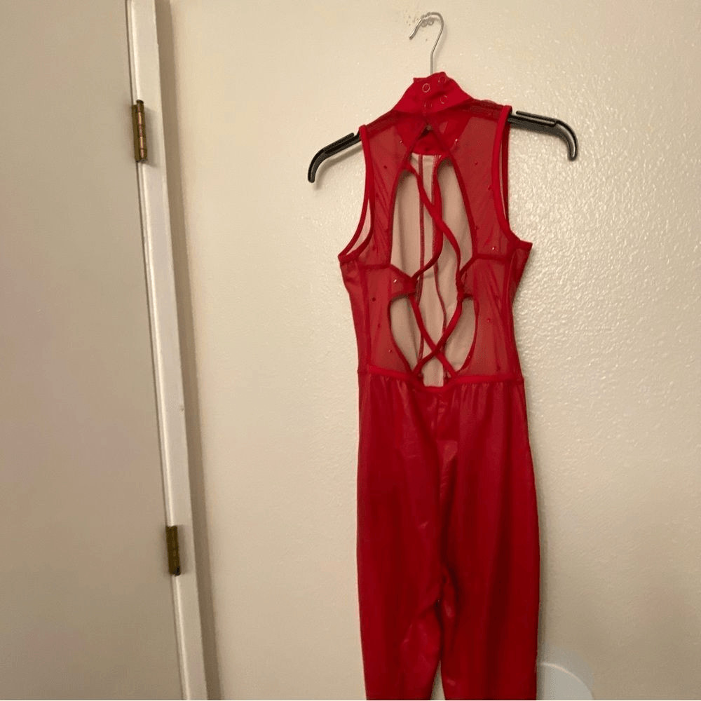 WEISSMAN Elite Dance Costume unitard mature faux leather red Debut 15882 SA