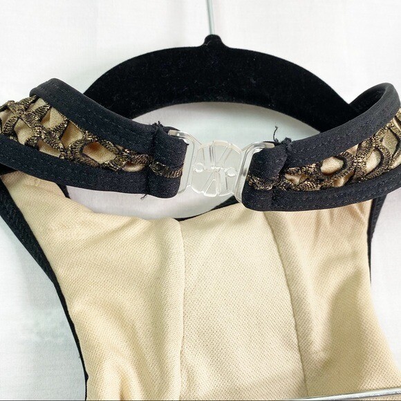 Double Platinum Black Leotard Gold Metallic Mesh Mock Neck Tank Lg NEW NWT