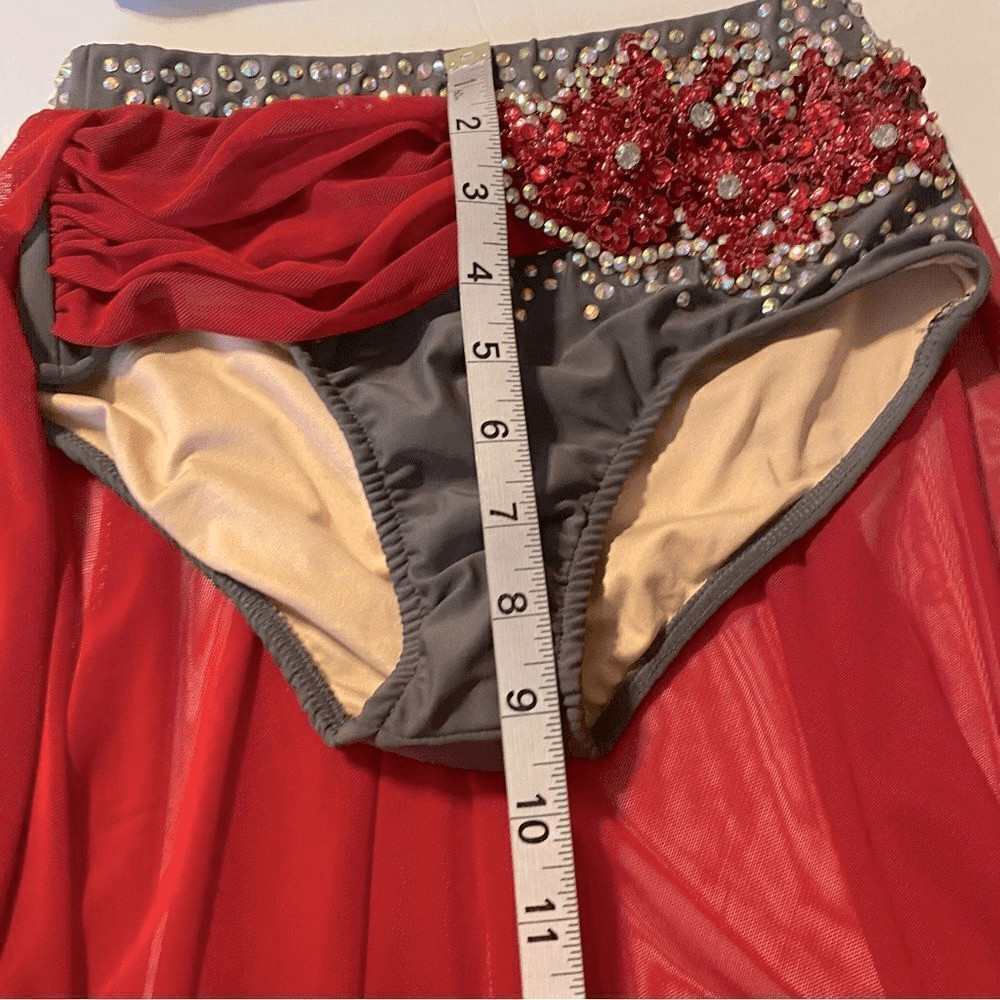 Glamour solo 2 piece dance costume red gray lyrical embellished bling XLC child