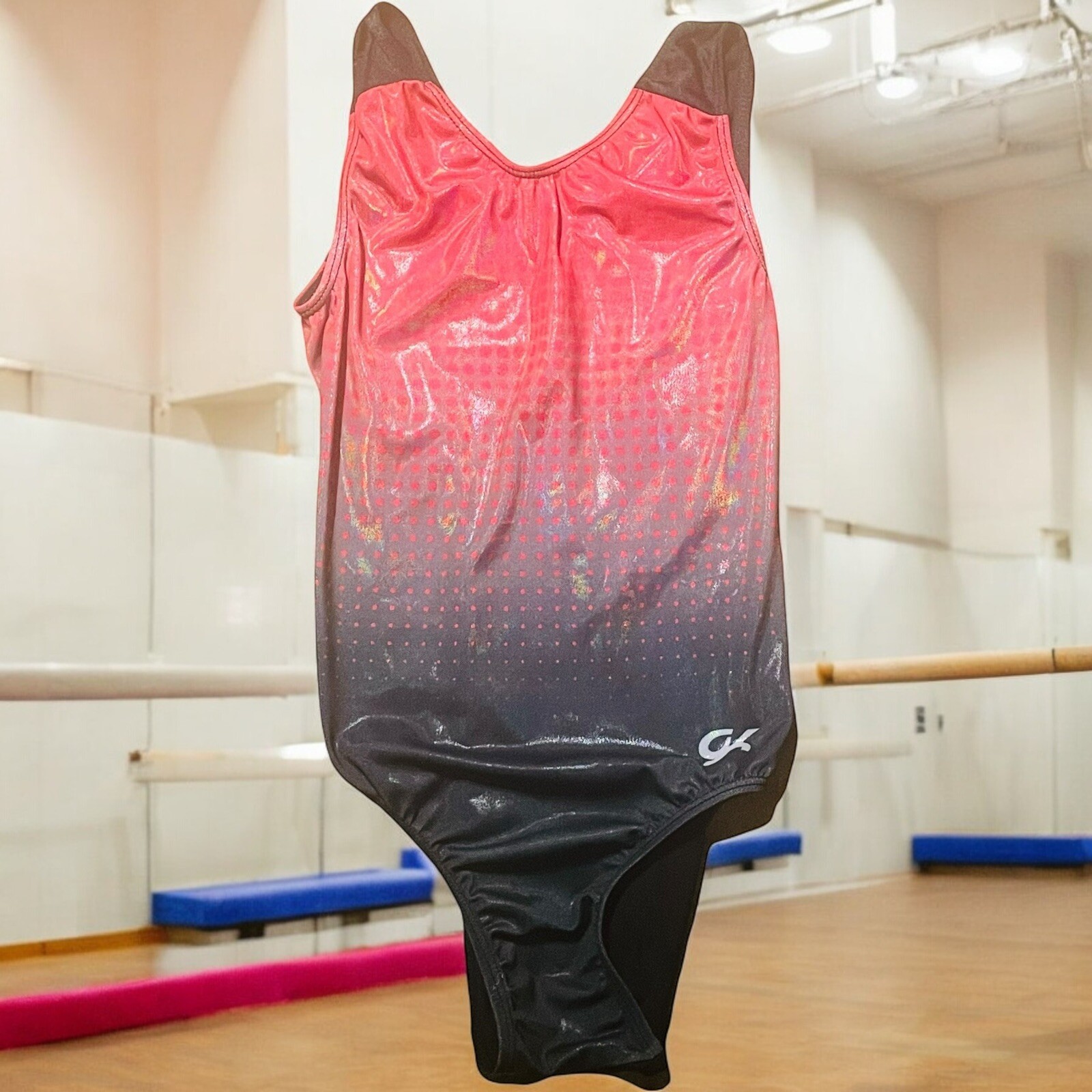 GK Elite CPNY Rhinestone LEOTARD Gymnastics Dance Black Red Dots Adult S